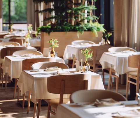 Restaurantinnenraum mit weiß gedeckten Tischen, Holzstühlen, Pflanzen und großen Fenstern bei Tageslicht.