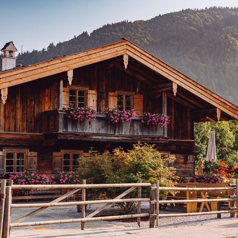 Rustikales Holzchalet mit Balkon, Blumen und Terrasse vor bewaldeter Bergkulisse.