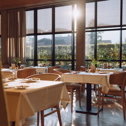 Restaurant-Innenraum mit gedeckten Tischen, Holzstühlen und großer Fensterfront im Sonnenlicht.