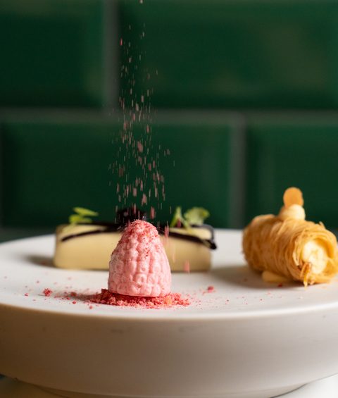 Plated dessert with pink mousse, cake slice and pastry on a white plate in front of green tiles.