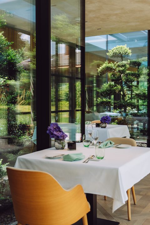 Restaurant with white-clothed tables beside a large window front overlooking the garden.